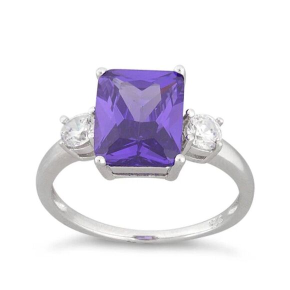 Sterling Silver Rectangular Purple Amethyst Triple CZ Ring New - Picture 3 of 6